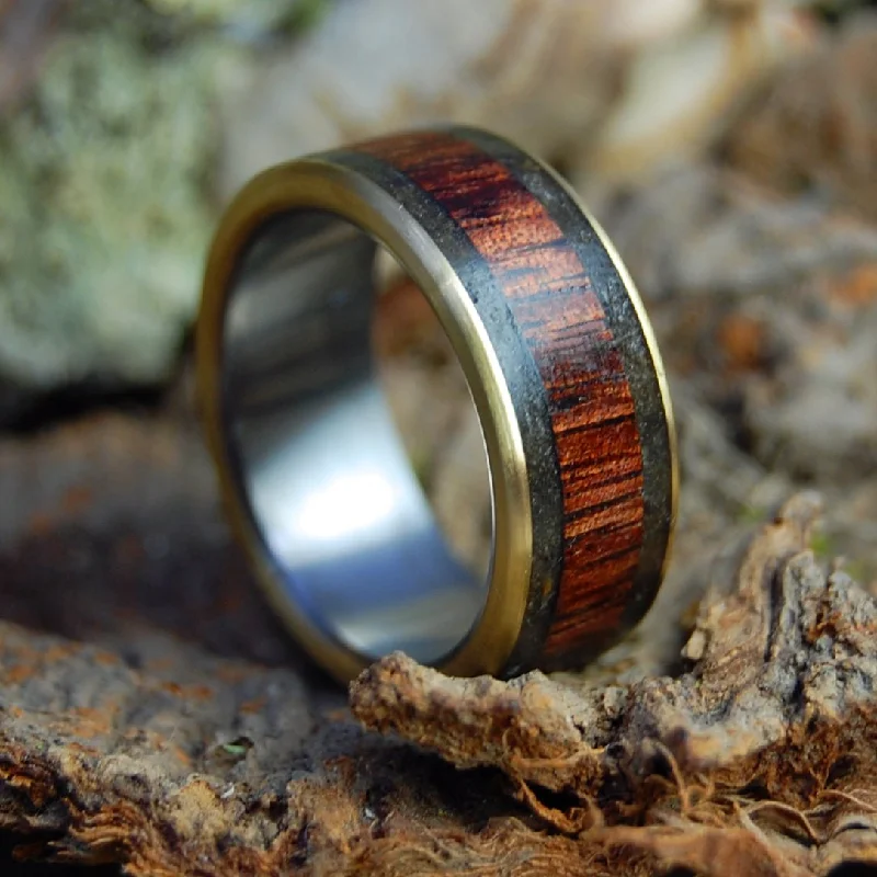 Men's music - note rings for musiciansDrummer Man | Men's Oregon Lava, Koa Wood, Armenian Obsidian, Driftwood Bronze & Titanium Wedding Ring