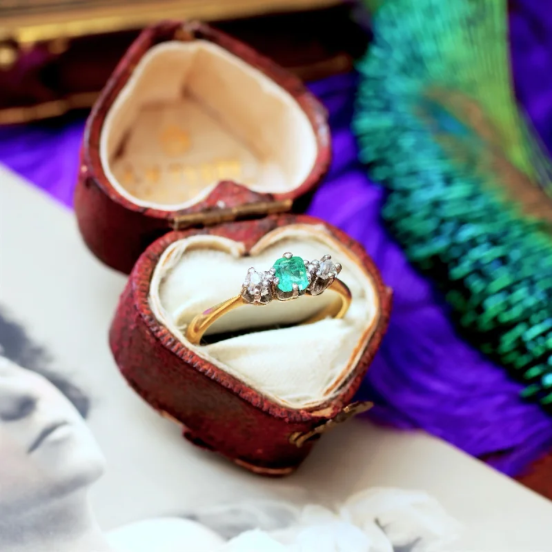 Women's Rings with Hidden Compartments for Secret KeepsakesDarling Dainty Vintage Emerald & Diamond Trilogy Engagement Ring Women's Rings with Hidden Compartments for Secret KeepsakesDarling Dainty Vintage Emerald & Diamond Trilogy Engagement Ring