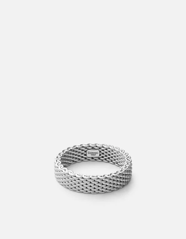 Interlocking Band Women's Rings in White Gold for a Modern DesignMoore Mesh Ring, Sterling Silver Interlocking Band Women's Rings in White Gold for a Modern DesignMoore Mesh Ring, Sterling Silver