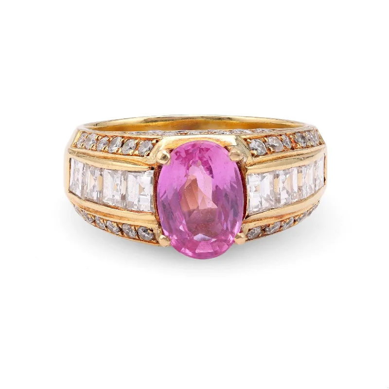 Vintage GIA 1.94 Carat Madagascan Purplish Pink Sapphire Diamond 18k Yellow Gold