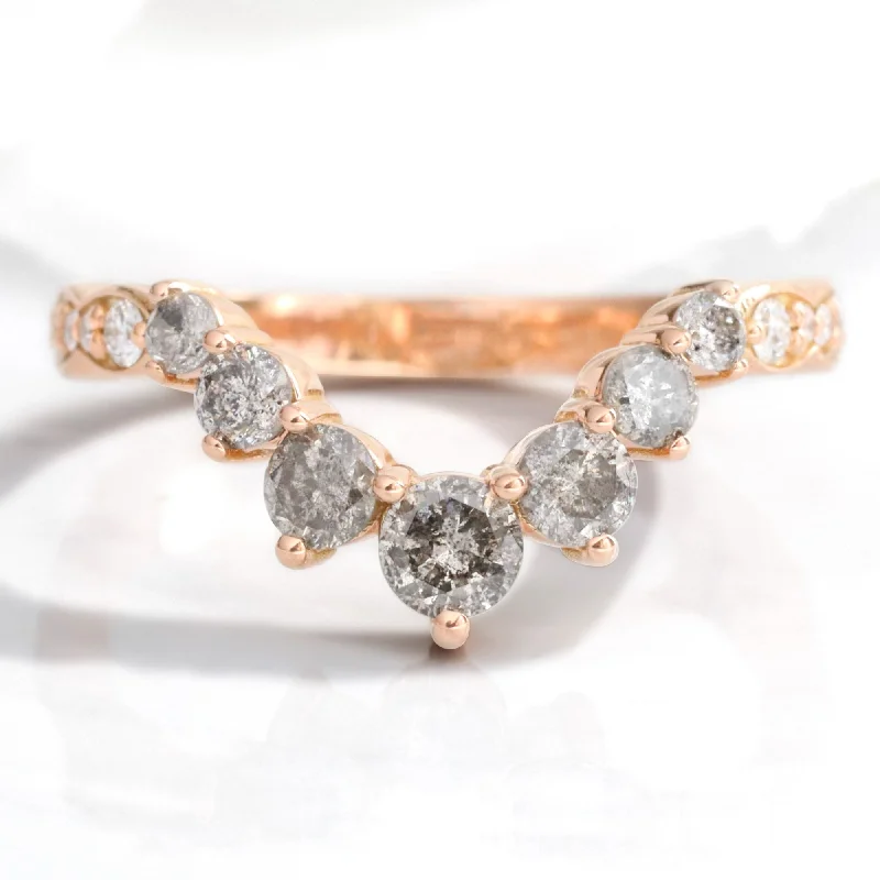 Pear - Shaped Women's Diamond Rings in Yellow Gold with a Single - Diamond Pendant LookLarge 7 Salt and Pepper Diamond Ring in Deep U Shaped Scalloped Band Pear - Shaped Women's Diamond Rings in Yellow Gold with a Single - Diamond Pendant LookLarge 7 Salt and Pepper Diamond Ring in Deep U Shaped Scalloped Band
