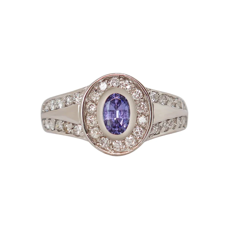 Magnetic Clasp Women's Rings for Easy Wearing and RemovalWhite Gold Tube-set Oval Tanzanite and Channel-set Diamond Dress Ring Magnetic Clasp Women's Rings for Easy Wearing and RemovalWhite Gold Tube-set Oval Tanzanite and Channel-set Diamond Dress Ring