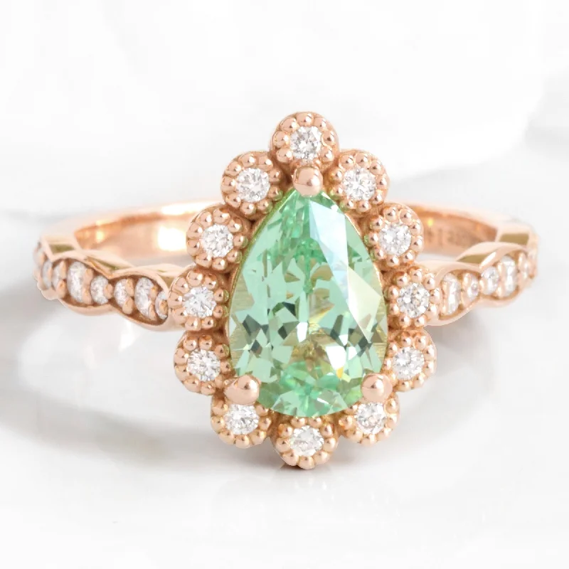 Men's Tourmaline Engagement Rings in 18K Two - Tone Gold with a Floral - Inspired SettingPear Seafoam Green Sapphire Ring in Vintage Luna Halo Diamond Ring Men's Tourmaline Engagement Rings in 18K Two - Tone Gold with a Floral - Inspired SettingPear Seafoam Green Sapphire Ring in Vintage Luna Halo Diamond Ring