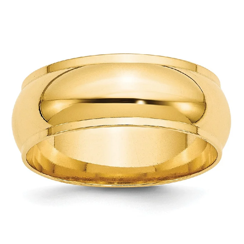 Men's polished brass rings with a warm glow14k Yellow Gold 8mm Half Round with Edge Wedding Band Size 4 Men's polished brass rings with a warm glow14k Yellow Gold 8mm Half Round with Edge Wedding Band Size 4