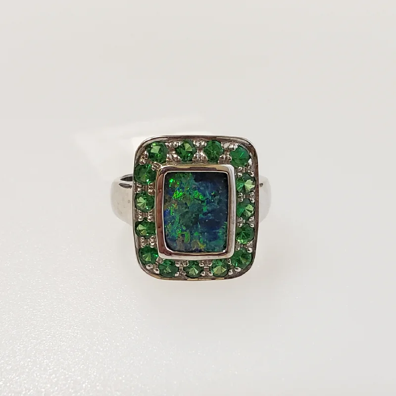 Geometric - Shaped Fashion Rings in Titanium with Iridescent InlaysBoulder Opal Ring Geometric - Shaped Fashion Rings in Titanium with Iridescent InlaysBoulder Opal Ring