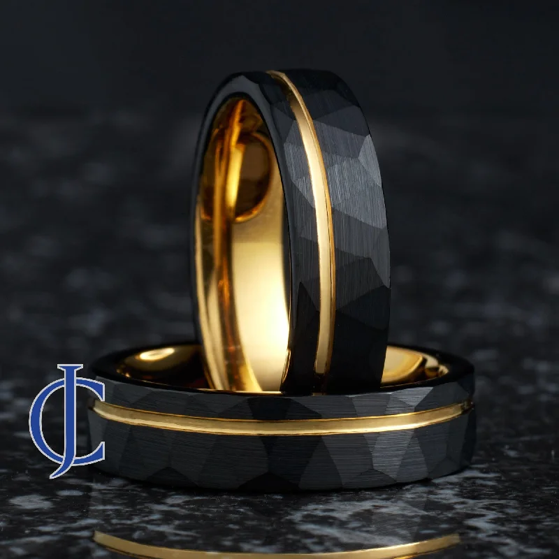 Statement - Making Cocktail Rings for Women with Large Cubic ZirconiaNEO GOLD - Black and Gold Hammered Tungsten Ring 6MM Wide Statement - Making Cocktail Rings for Women with Large Cubic ZirconiaNEO GOLD - Black and Gold Hammered Tungsten Ring 6MM Wide