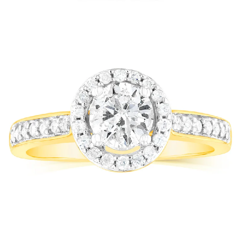 14ct Yellow Gold 1 Carat Brilliant Cut Diamond Halo Solitaire Ring with Diamonds on Shank