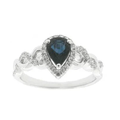 7X5MM Pear Blue Sapphire and Diamond Gem Stone Halo Twist Ring in 10KT White Gold