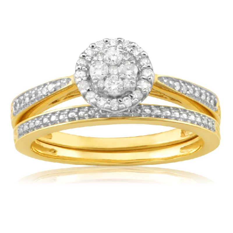 Emerald Gemstone Rings Set in Platinum with Filigree Work for a Vintage - Inspired Look9ct Yellow Gold 2-Ring Diamond Bridal set with 1/5 Carat of Diamonds Emerald Gemstone Rings Set in Platinum with Filigree Work for a Vintage - Inspired Look9ct Yellow Gold 2-Ring Diamond Bridal set with 1/5 Carat of Diamonds