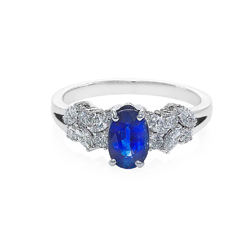 Blue Sapphire and Diamond Ring in 14K Solid White Gold