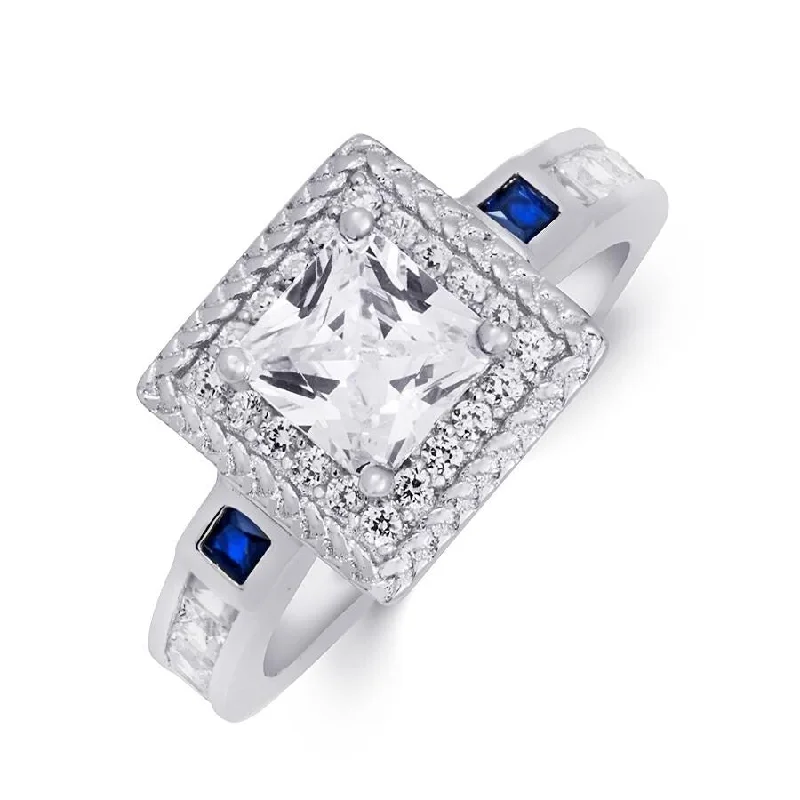 Open - Band Fashion Rings in Sterling Silver with Gemstone InlaysCubic Zirconia Princess Cut w/ Blue Sapphire Halo Bridal Ring Silver Open - Band Fashion Rings in Sterling Silver with Gemstone InlaysCubic Zirconia Princess Cut w/ Blue Sapphire Halo Bridal Ring Silver