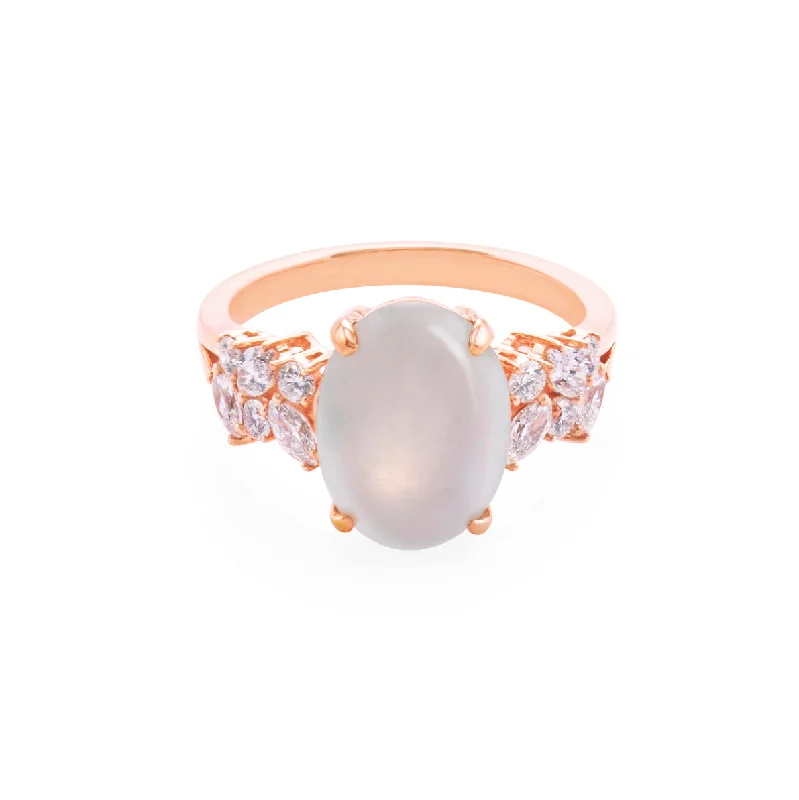 Certified Icy White Oval Natural Jade and Diamond Ring in 14K Solid Rose Gold