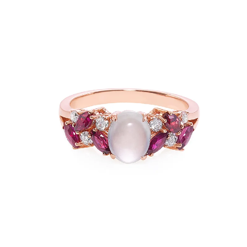 Certified Icy White Jade, Ruby and Diamond Ring in 14K Solid Rose Gold