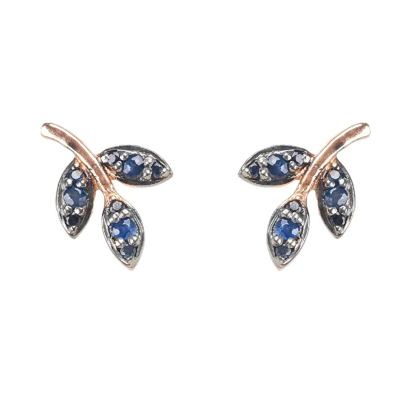 Leaf Stud Earrings Blue Sapphire Rosegold