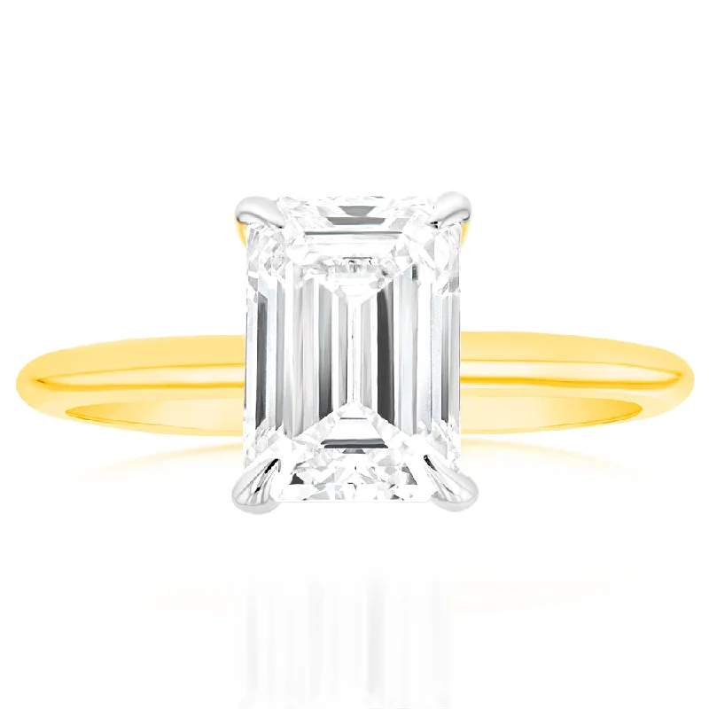 Luminesce Lab Grown Certified 2 Carat Diamond Emerald Cut Engagement Ring in 18ct Yellow Gold