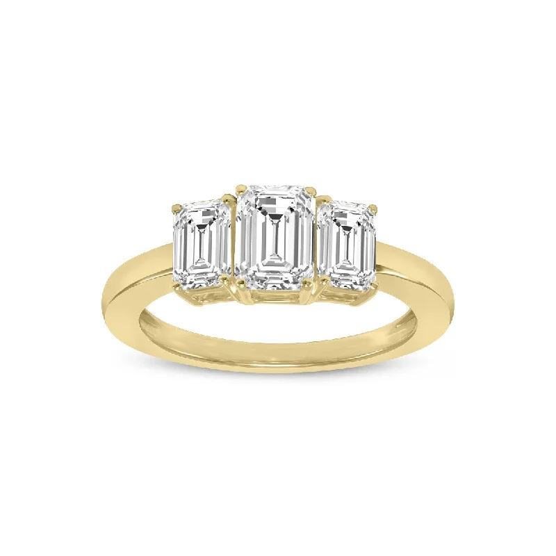 Statement - Making Fashion Rings in Gold - Plated Brass with Oversized Cubic Zirconia StonesMarquee 2 CTW Three Stone Emerald Cut Lab Grown Diamond Ring in 14K Yellow Gold Statement - Making Fashion Rings in Gold - Plated Brass with Oversized Cubic Zirconia StonesMarquee 2 CTW Three Stone Emerald Cut Lab Grown Diamond Ring in 14K Yellow Gold