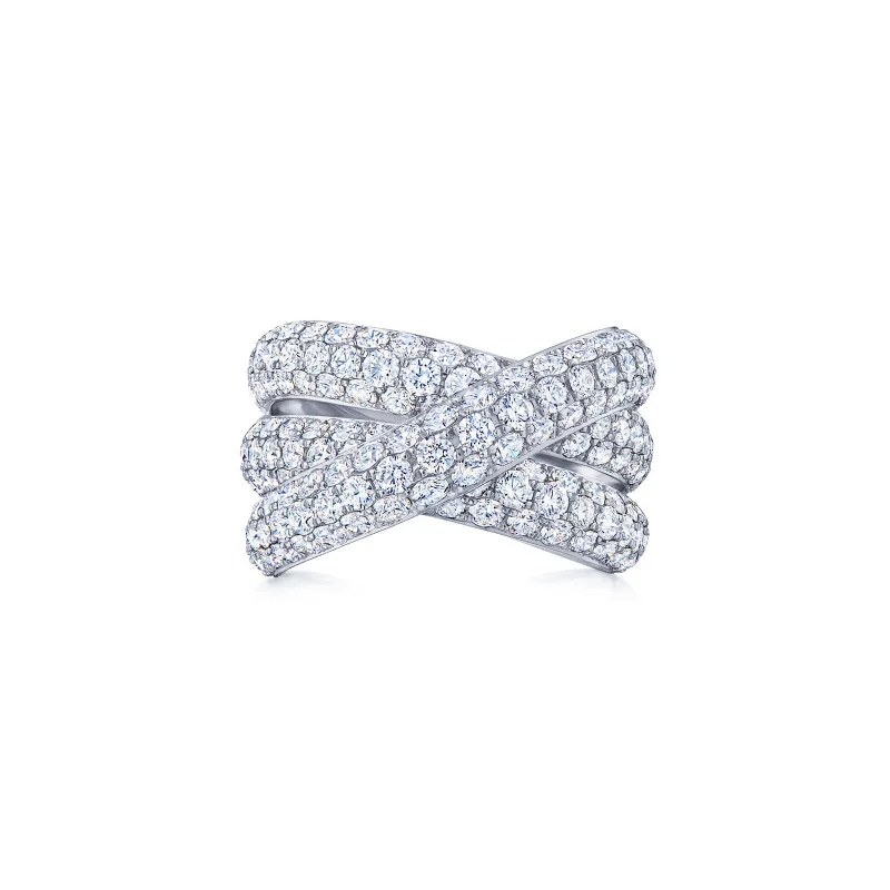 Statement - Making Fashion Rings in Gold - Plated Brass with Oversized Cubic Zirconia StonesMoonlight Three-Row Crossover Ring with Pavé Diamonds Statement - Making Fashion Rings in Gold - Plated Brass with Oversized Cubic Zirconia StonesMoonlight Three-Row Crossover Ring with Pavé Diamonds