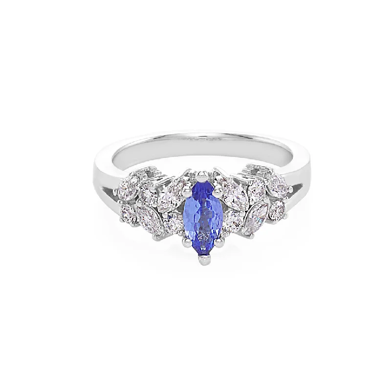 Marquise Cut Natural Tanzanite and Diamond Ring in 14K Solid White Gold