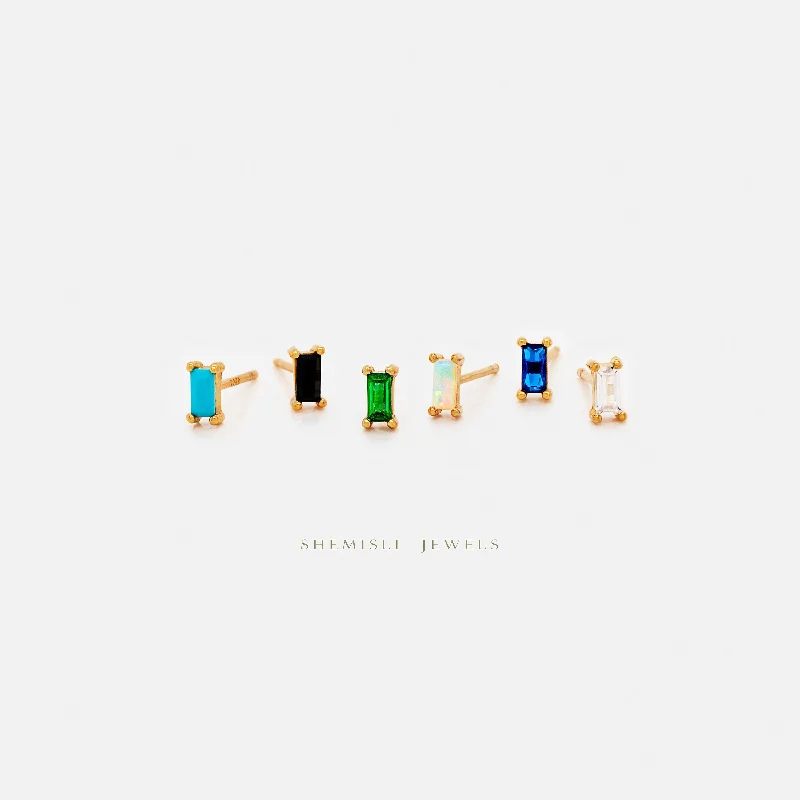 Tiny Baguette Stud Earrings, White Emerald Turquoise Sapphire Black Opal, Unisex, Gold, Silver SS143, SS023, SS107, SS339, SS340, SS008 Tiny Baguette Stud Earrings, White Emerald Turquoise Sapphire Black Opal, Unisex, Gold, Silver SS143, SS023, SS107, SS339, SS340, SS008