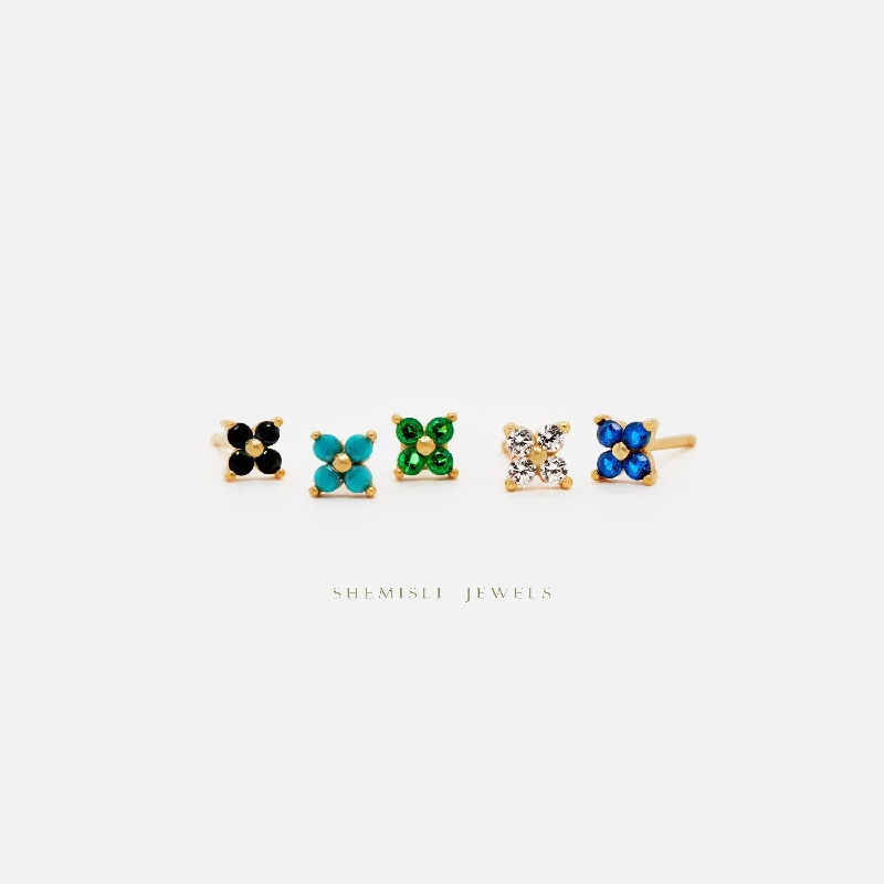Tiny Clover Flower Stud, White, Emerald, Turquoise, Sapphire, Black, Unisex, Gold, Silver SHEMISLI SS040, SS079, SS080, SS246, SS247 Tiny Clover Flower Stud, White, Emerald, Turquoise, Sapphire, Black, Unisex, Gold, Silver SHEMISLI SS040, SS079, SS080, SS246, SS247