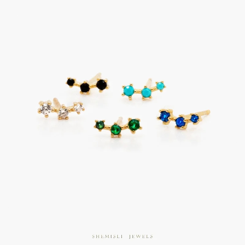 Tiny Triple Stones Climber Stud Earrings, White Emerald Turquoise Sapphire Black, Unisex, Gold, Silver SS125, SS126, SS248, SS249, SS250 LR Tiny Triple Stones Climber Stud Earrings, White Emerald Turquoise Sapphire Black, Unisex, Gold, Silver SS125, SS126, SS248, SS249, SS250 LR