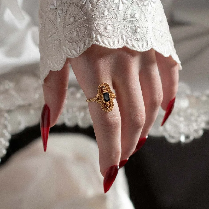 Topaz Gemstone Rings in 10K Gold with a Channel - Set Design for a Contemporary and Durable OptionVANYA. Vampesque Black Onyx Ring - Gold Topaz Gemstone Rings in 10K Gold with a Channel - Set Design for a Contemporary and Durable OptionVANYA. Vampesque Black Onyx Ring - Gold