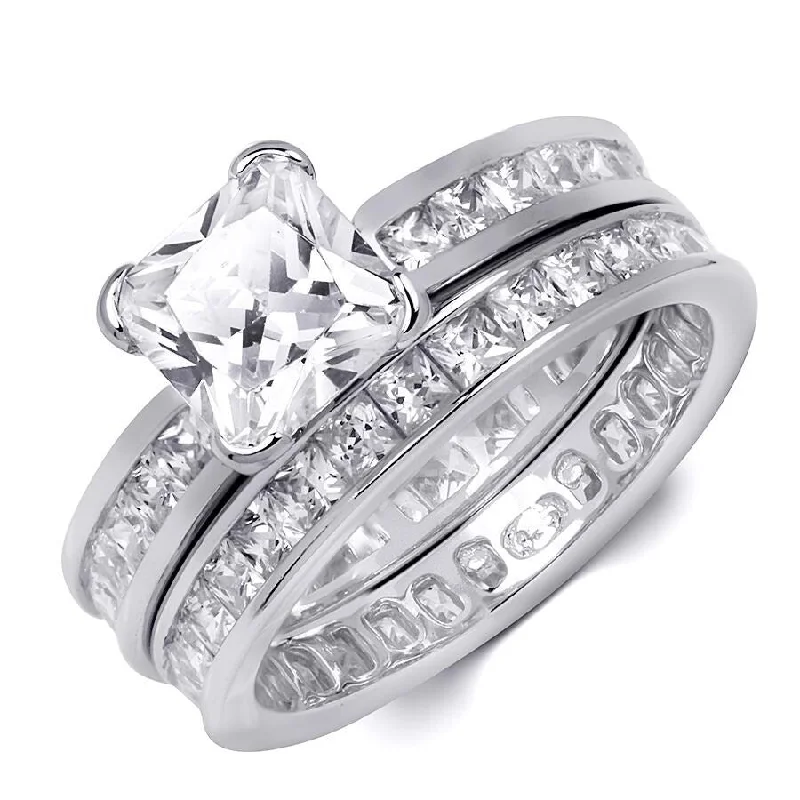 Open - Band Fashion Rings in Sterling Silver with Gemstone InlaysWomens CZ Wedding Band Engagement Ring Set 2.5 CT Princess Cut Silver