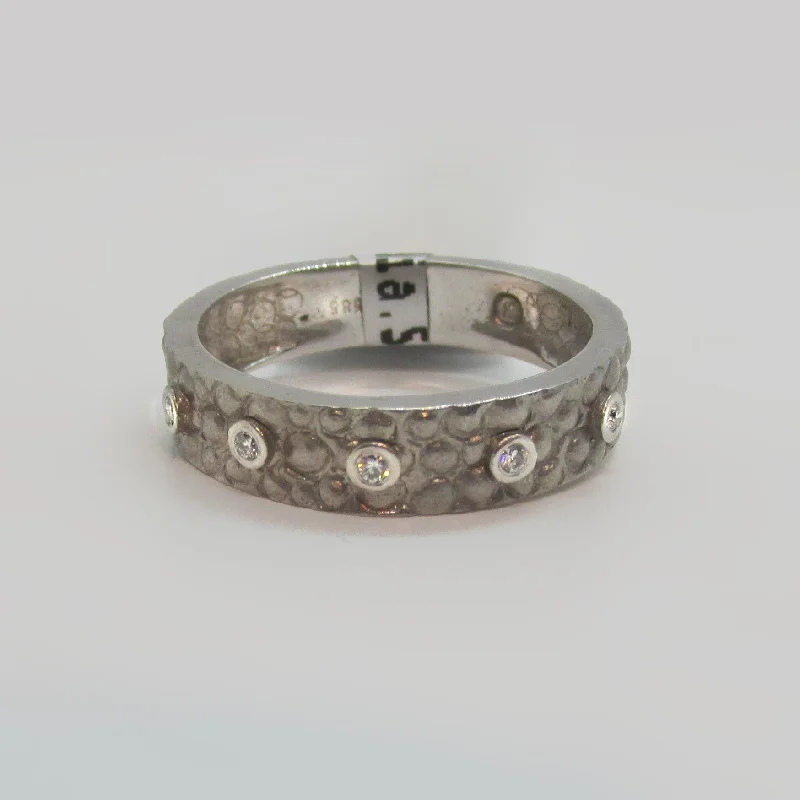 Commemorate rings with a diamond - and - aquamarine combinationTextured Gold Band With 5 Diamonds White Gold 14K Commemorate rings with a diamond - and - aquamarine combinationTextured Gold Band With 5 Diamonds White Gold 14K
