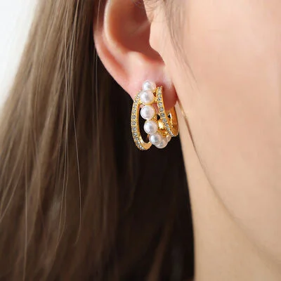 Huggie hoop earringsPearl Titanium Steel C-Hoop Earrings